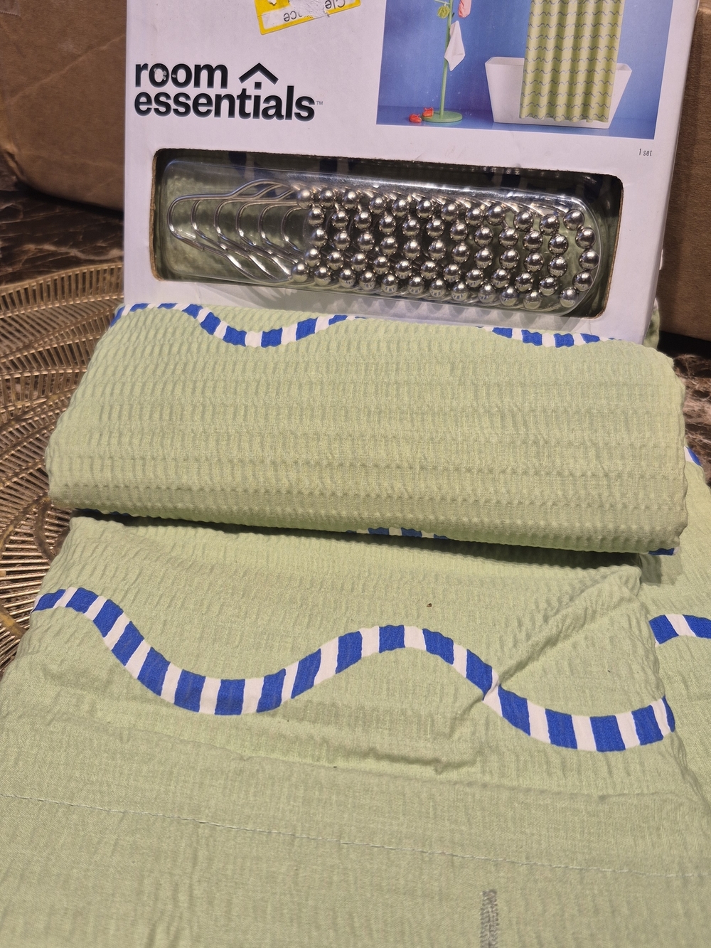Room Essentials Light Green Shower Curtain with Blue Stripe Accent